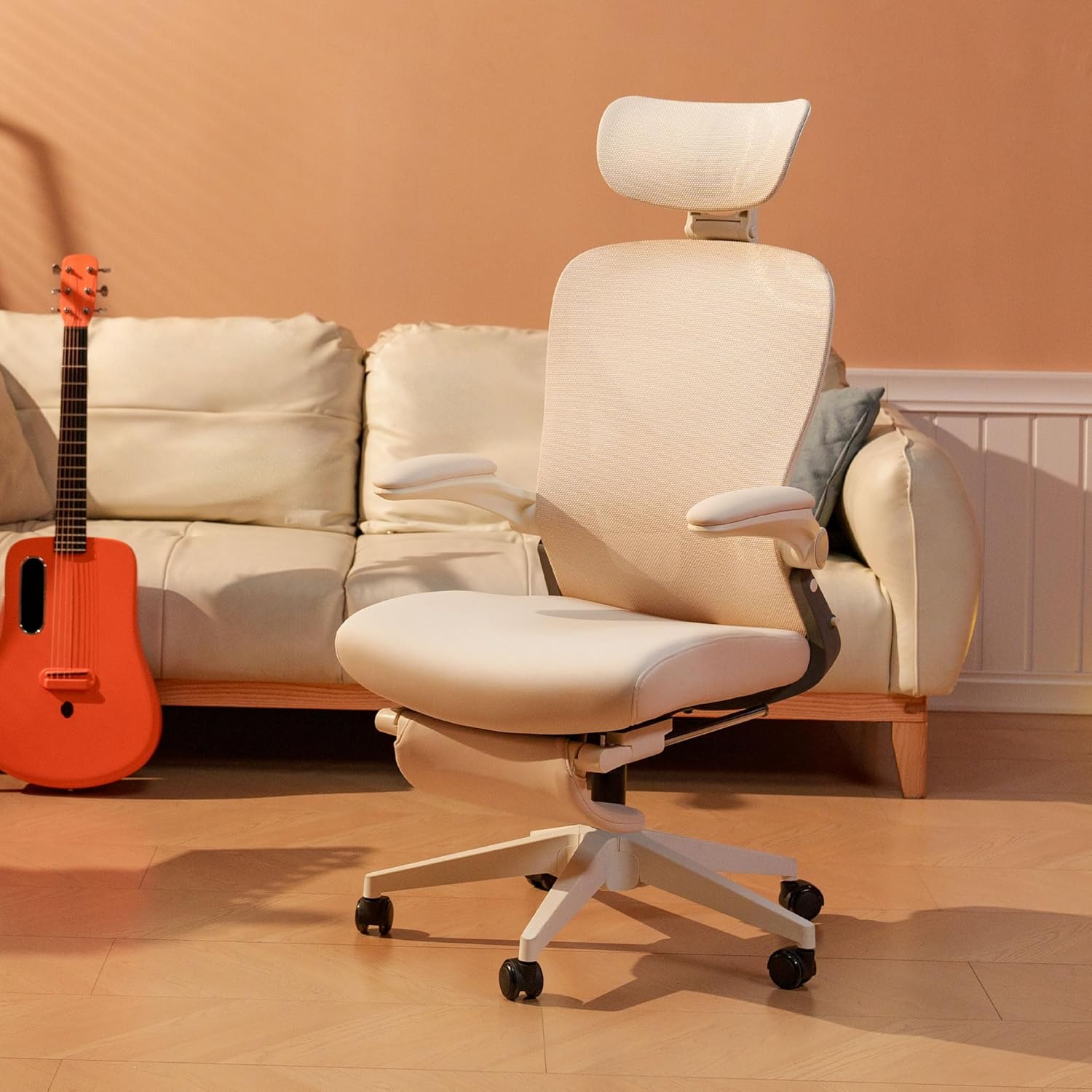 Ergonomic high-back mesh office chair with headrest in cream beige